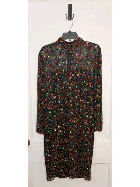 Size 14 Leslie Fay Evenings 100% Silk Beaded Sequin Dress Keyhole Neck Colorful